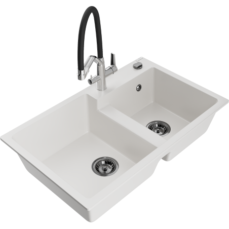 Mexen Tomas granite sink 2-bowl with kitchen tap Duo, white - 6516-20-671701-07-B