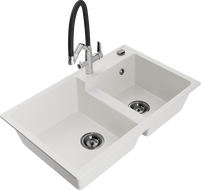 Mexen Tomas granite sink 2-bowl with kitchen tap Duo, white - 6516-20-671701-07-B
