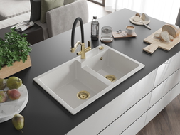 Mexen Tomas fregadero de granito de 2 compartimentos con grifo de cocina Duo, blanco - 6516-20-671701-57-G