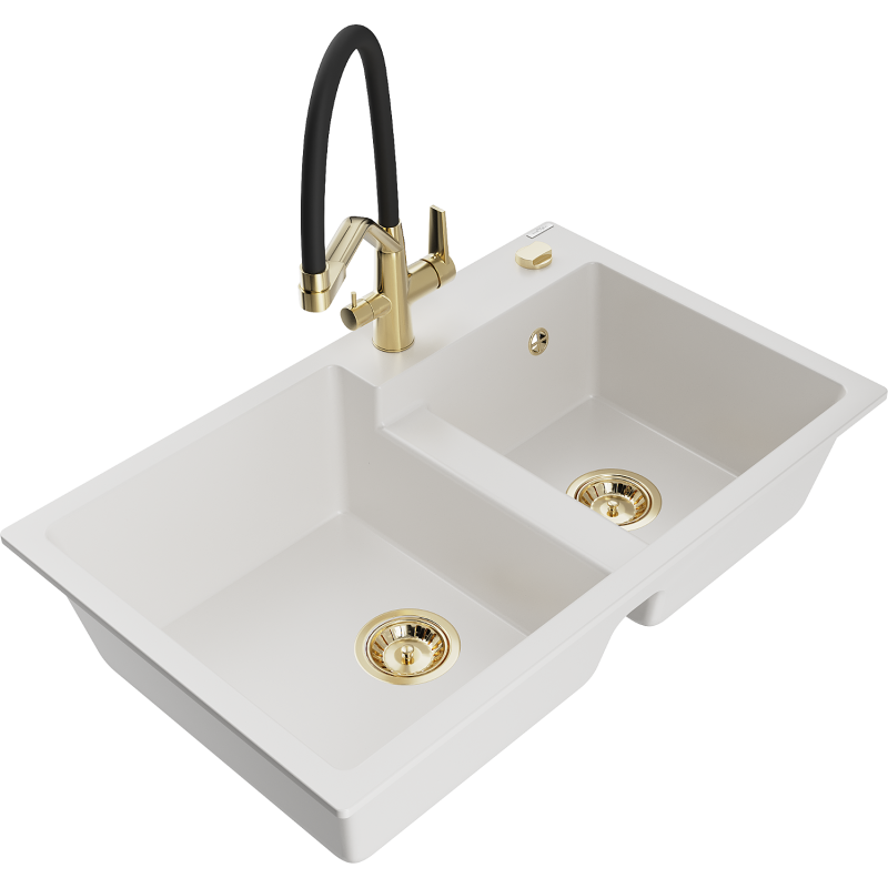 Mexen Tomas 2-bowl granite sink with Duo kitchen tap, white - 6516-20-671701-57-G