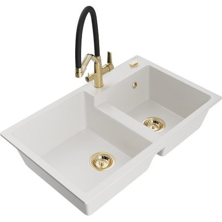 Mexen Tomas fregadero de granito de 2 compartimentos con grifo de cocina Duo, blanco - 6516-20-671701-57-G