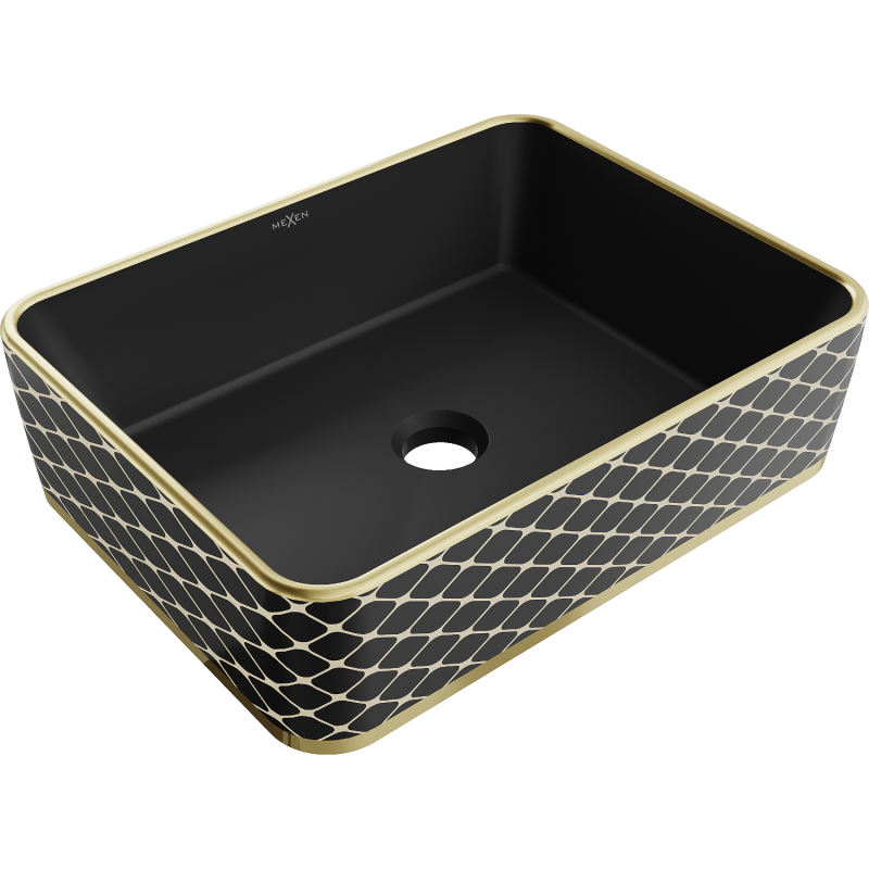 Mexen Catia lavabo de sobremesa 48 x 37 cm, negro mate/diseño de cuadricula dorada - 21314879