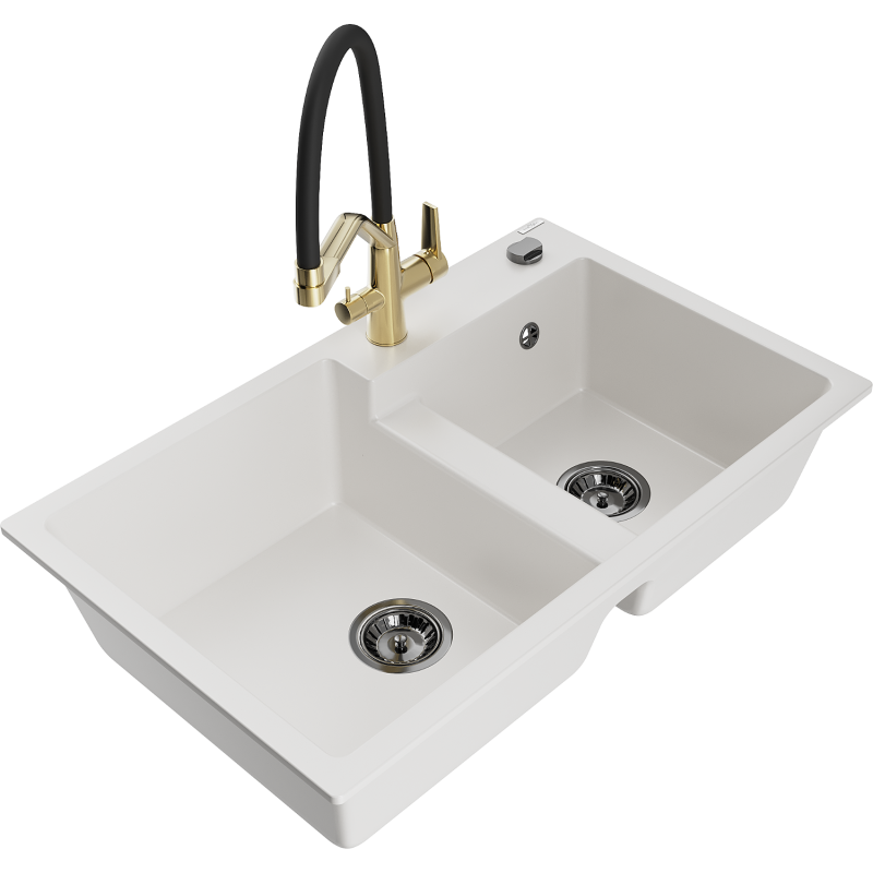 Mexen Tomas Granit-2-Kummer-Spullsteen mat Kichenduch Duo, wäiss - 6516-20-671701-57-B