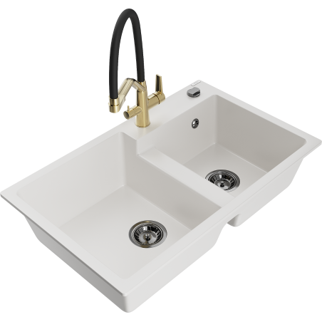 Mexen Tomas granite sink 2-bowl with Duo kitchen tap, white - 6516-20-671701-57-B