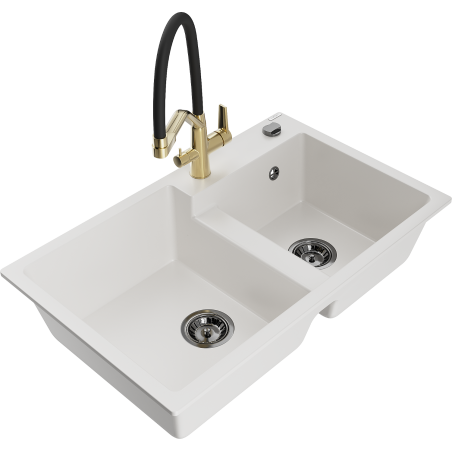 Mexen Tomas Granitspüle 2-Fach mit Küchenarmatur Duo, Weiß - 6516-20-671701-57-B