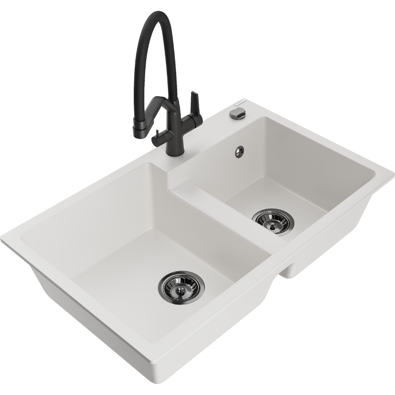 Mexen Tomas fregadero de granito de 2 cuencas con grifo de cocina Duo, blanco - 6516-20-671701-70-B