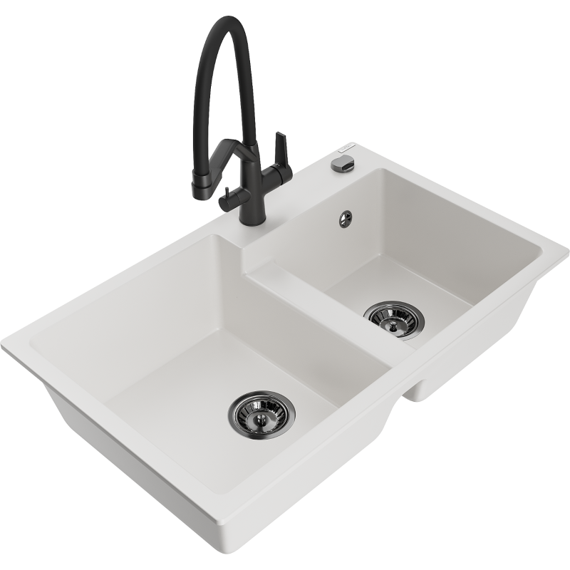Mexen Tomas Granitspüle 2-Kammer mit Küchenarmatur Duo, weiß - 6516-20-671701-70-B