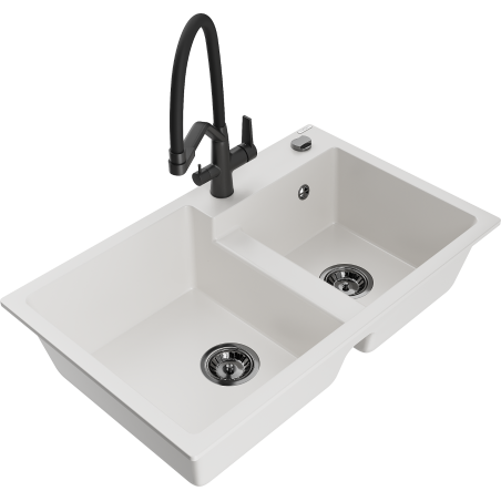 Mexen Tomas fregadero de granito de 2 cuencas con grifo de cocina Duo, blanco - 6516-20-671701-70-B