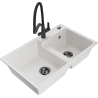 Mexen Tomas granite sink 2-bowl with Duo kitchen tap, white - 6516-20-671701-70-B