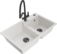 Mexen Tomas fregadero de granito de 2 cuencas con grifo de cocina Duo, blanco - 6516-20-671701-70-B