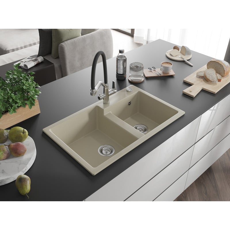 Mexen Tomas fregadero de granito de 2 compartimentos con grifo de cocina Duo, beige - 6516-69-671701-07