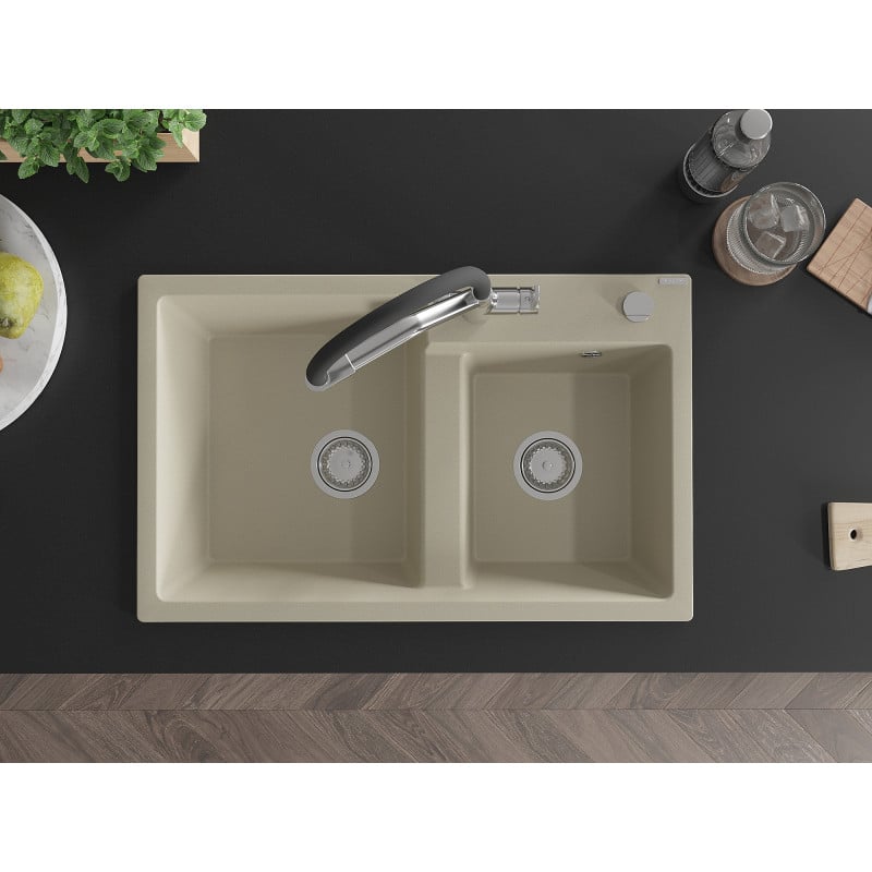 Mexen Tomas granite kitchen sink 2-chamber with Duo kitchen tap, beige - 6516-69-671701-07