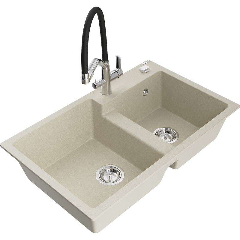 Mexen Tomas lavello in granito a 2 vasche con miscelatore da cucina Duo, beige - 6516-69-671701-07