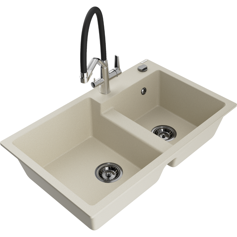 Mexen Tomas Granite Double Bowl Kitchen Sink with Duo Tap, Beige - 6516-69-671701-07-B