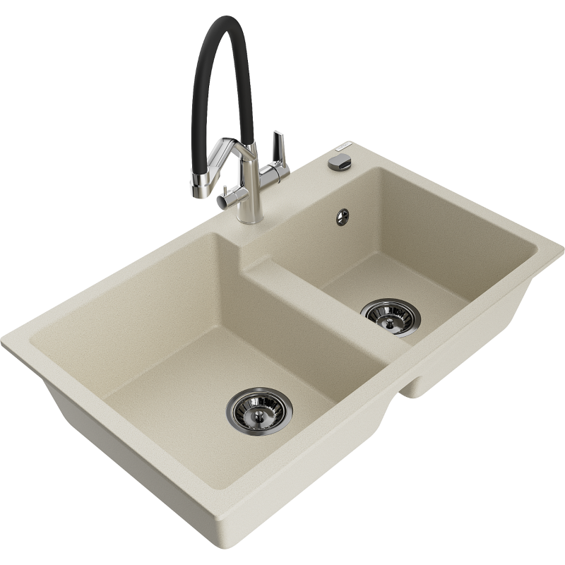 Mexen Tomas Granitspüle 2-Kammer mit Küchenarmatur Duo, beige - 6516-69-671701-07-B