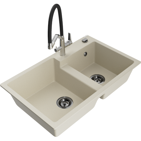 Mexen Tomas 2-kamerige granieten spoelbak met Duo keukenmengkraan, beige - 6516-69-671701-07-B