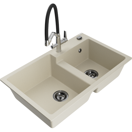 Mexen Tomas évier en granit à 2 bacs avec mitigeur de cuisine Duo, beige - 6516-69-671701-07-B