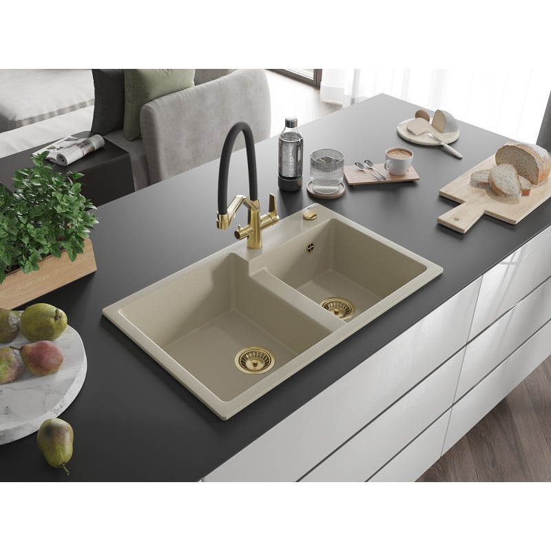 Mexen Tomas fregadero de granito de 2 compartimentos con grifo de cocina Duo, beige - 6516-69-671701-57-G