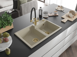 Mexen Tomas Granit-Spüle 2-Kammer mit Küchenarmatur Duo, beige - 6516-69-671701-57-G