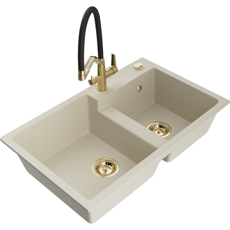 Mexen Tomas lava-loiça de granito 2-cubas com torneira de cozinha Duo, bege - 6516-69-671701-57-G