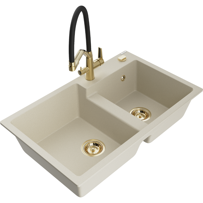 Mexen Tomas lavello da cucina in granito a 2 vasche con miscelatore Duo, beige - 6516-69-671701-57-G