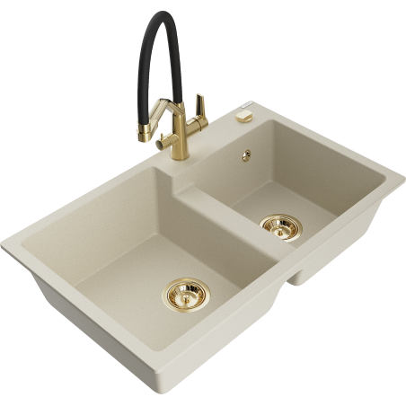 Mexen Tomas fregadero de granito de 2 compartimentos con grifo de cocina Duo, beige - 6516-69-671701-57-G