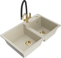 Mexen Tomas lavello da cucina in granito a 2 vasche con miscelatore Duo, beige - 6516-69-671701-57-G