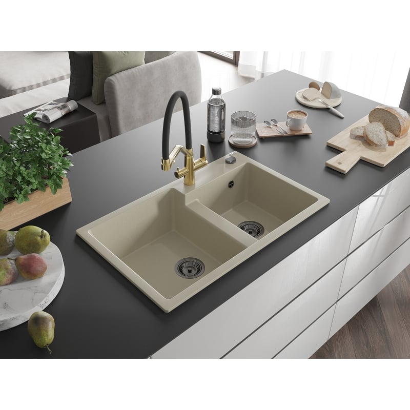 Mexen Tomas 2-chamber granite kitchen sink with Duo tap, beige - 6516-69-671701-57-B