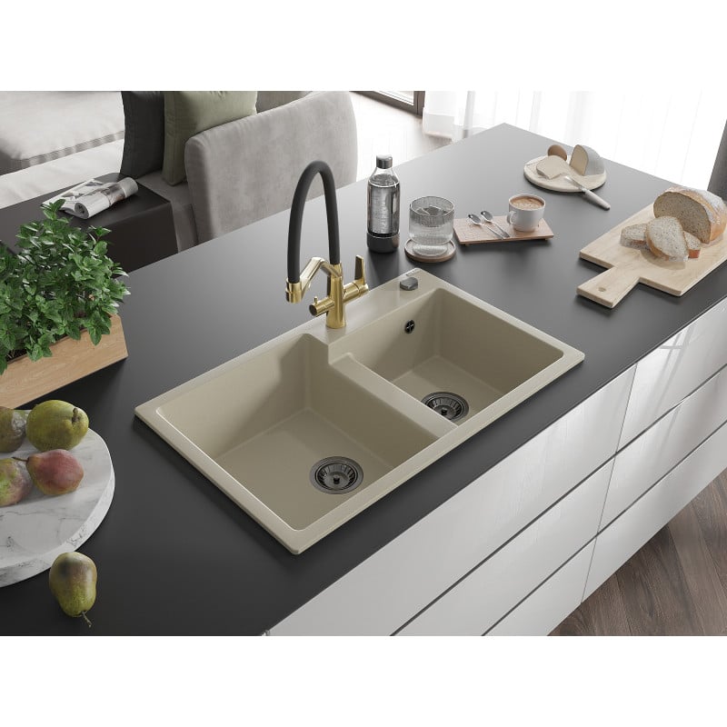 Mexen Tomas fregadero de granito de 2 compartimentos con grifo de cocina Duo, beige - 6516-69-671701-57-B