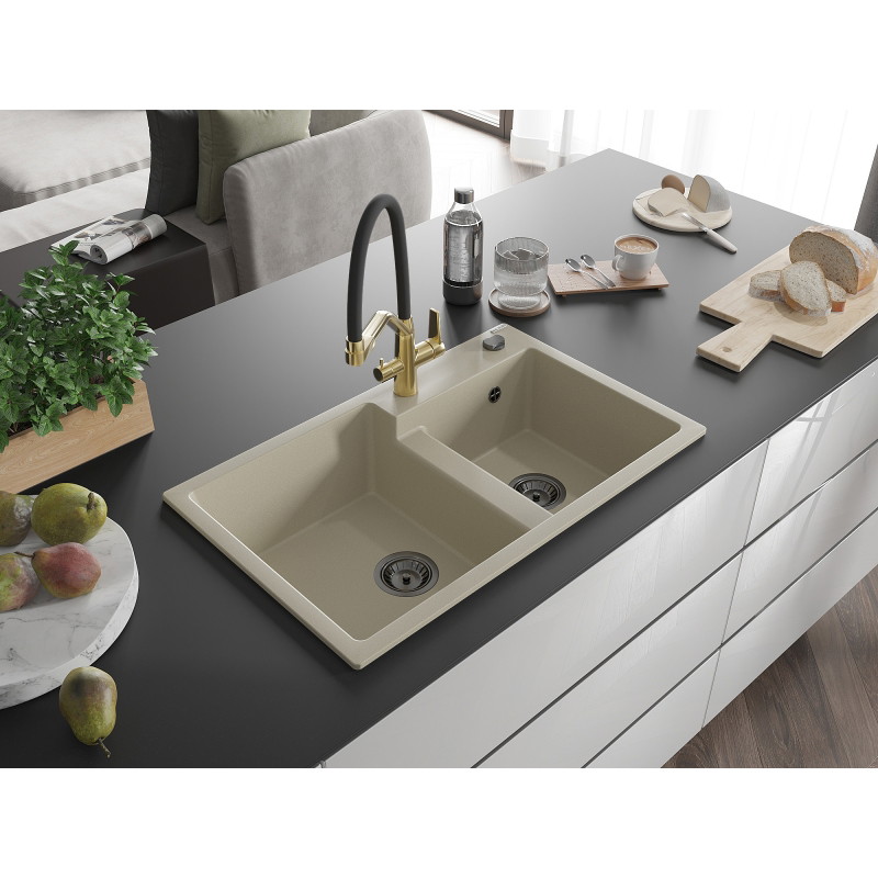 Mexen Tomas tweepersoons granieten spoelbak met keukenmengkraan Duo, beige - 6516-69-671701-57-B