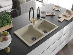 Mexen Tomas 2-bowl granite kitchen sink with Duo tap, beige - 6516-69-671701-57-B