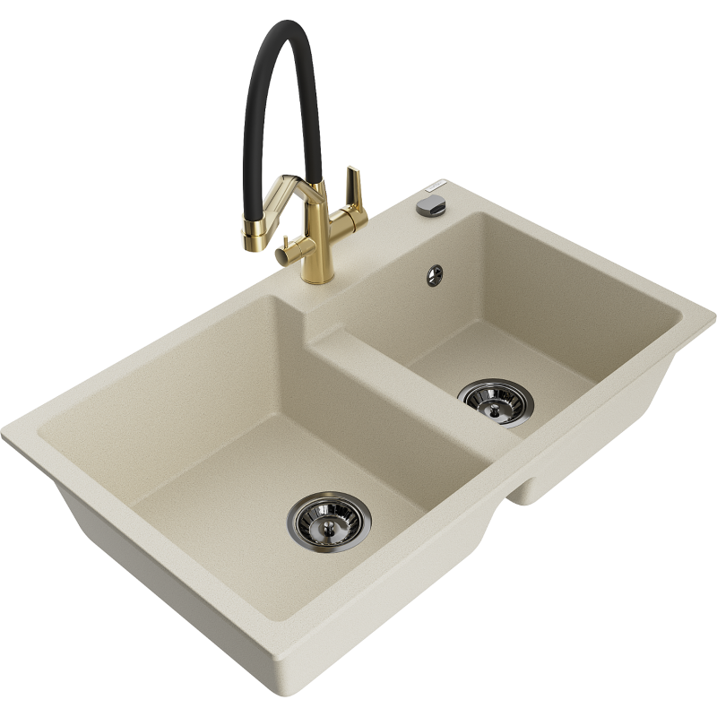 Mexen Tomas fregadero de granito de 2 compartimentos con grifo de cocina Duo, beige - 6516-69-671701-57-B