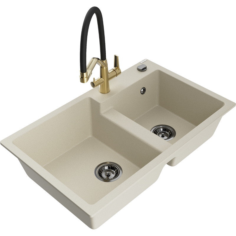 Mexen Tomas fregadero de granito de 2 senos con grifo de cocina Duo, beige - 6516-69-671701-57-B