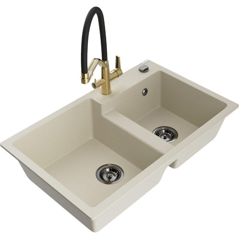 Mexen Tomas lavello da cucina in granito a 2 vasche con miscelatore Duo, beige - 6516-69-671701-57-B