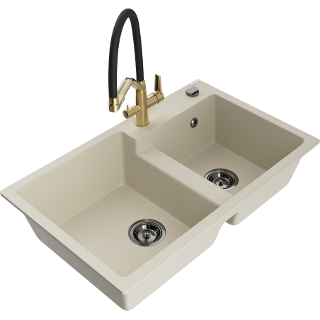 Mexen Tomas Granitspüle mit 2 Becken und Küchenarmatur Duo, beige - 6516-69-671701-57-B