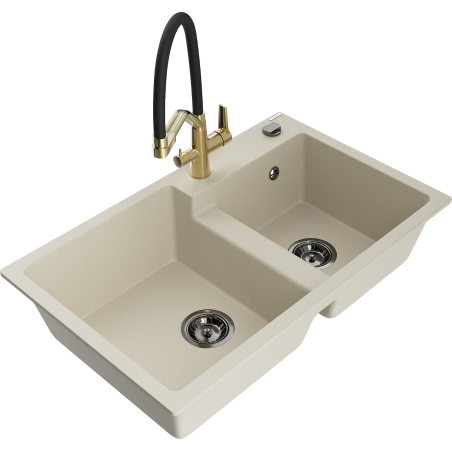 Mexen Tomas lavello da cucina in granito a 2 vasche con miscelatore Duo, beige - 6516-69-671701-57-B