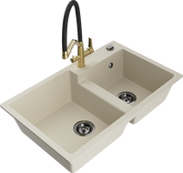 Mexen Tomas 2-bowl granite kitchen sink with Duo tap, beige - 6516-69-671701-57-B