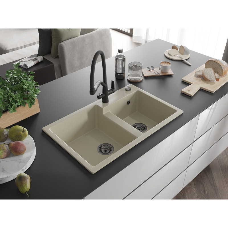 Mexen Tomas granit gootsteen met 2 kamers en keukenmengkraan Duo, beige - 6516-69-671701-70-B