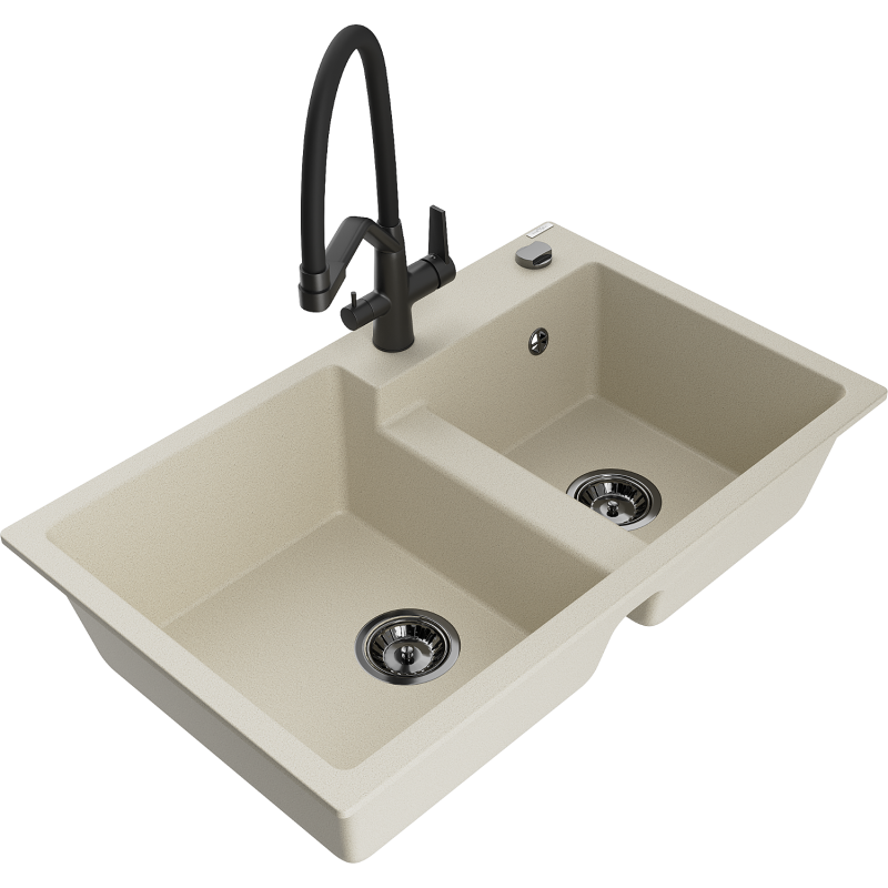Mexen Tomas lavabo da cucina in granito a 2 vasche con miscelatore Duo, beige - 6516-69-671701-70-B