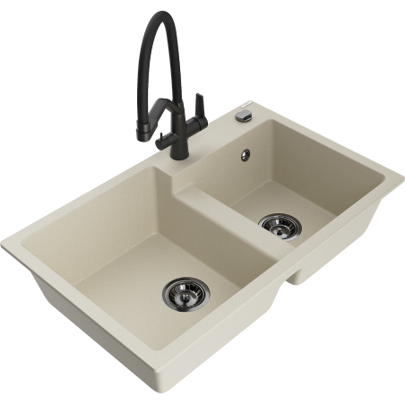 Mexen Tomas évier en granit à 2 bacs avec robinet de cuisine Duo, beige - 6516-69-671701-70-B
