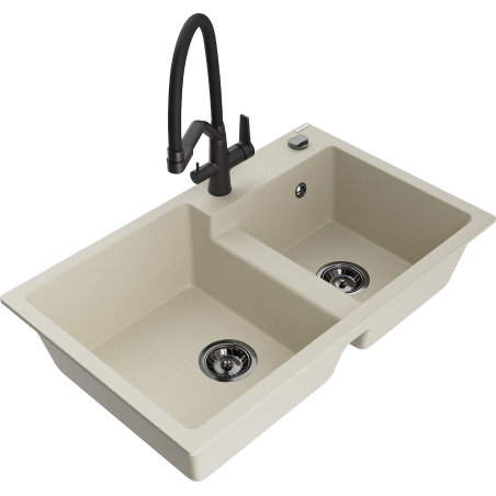 Mexen Tomas granite sink, 2-bowl with Duo kitchen tap, beige - 6516-69-671701-70-B