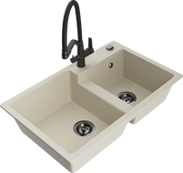 Mexen Tomas granite sink, 2-bowl with Duo kitchen tap, beige - 6516-69-671701-70-B