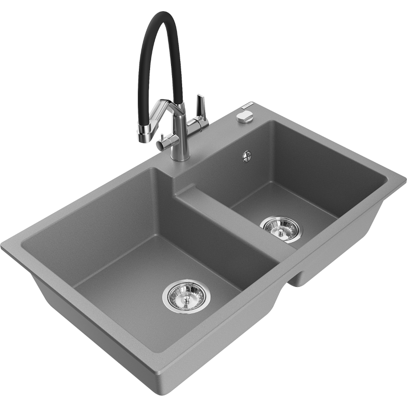 Mexen Tomas granite kitchen sink 2-bowl with Duo kitchen tap, grey - 6516-71-671701-07