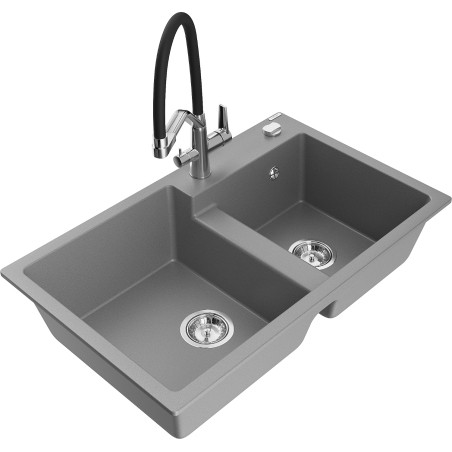 Mexen Tomas fregadero de granito de 2 compartimentos con grifo de cocina Duo, gris - 6516-71-671701-07
