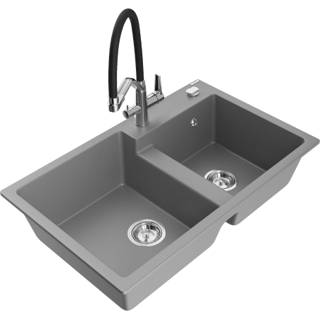 Mexen Tomas granite kitchen sink 2-bowl with Duo kitchen tap, grey - 6516-71-671701-07