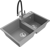 Mexen Tomas granite kitchen sink 2-bowl with Duo kitchen tap, grey - 6516-71-671701-07