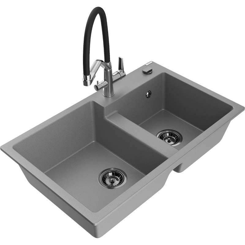 Mexen Tomas fregadero de granito de 2 compartimentos con grifo de cocina Duo, gris - 6516-71-671701-07-B