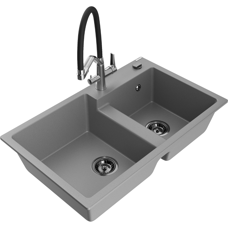 Mexen Tomas granite double-bowl kitchen sink with Duo tap, grey - 6516-71-671701-07-B