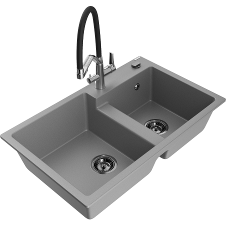 Mexen Tomas fregadero de granito de 2 compartimentos con grifo de cocina Duo, gris - 6516-71-671701-07-B