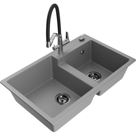 Mexen Tomas granite double-bowl kitchen sink with Duo tap, grey - 6516-71-671701-07-B